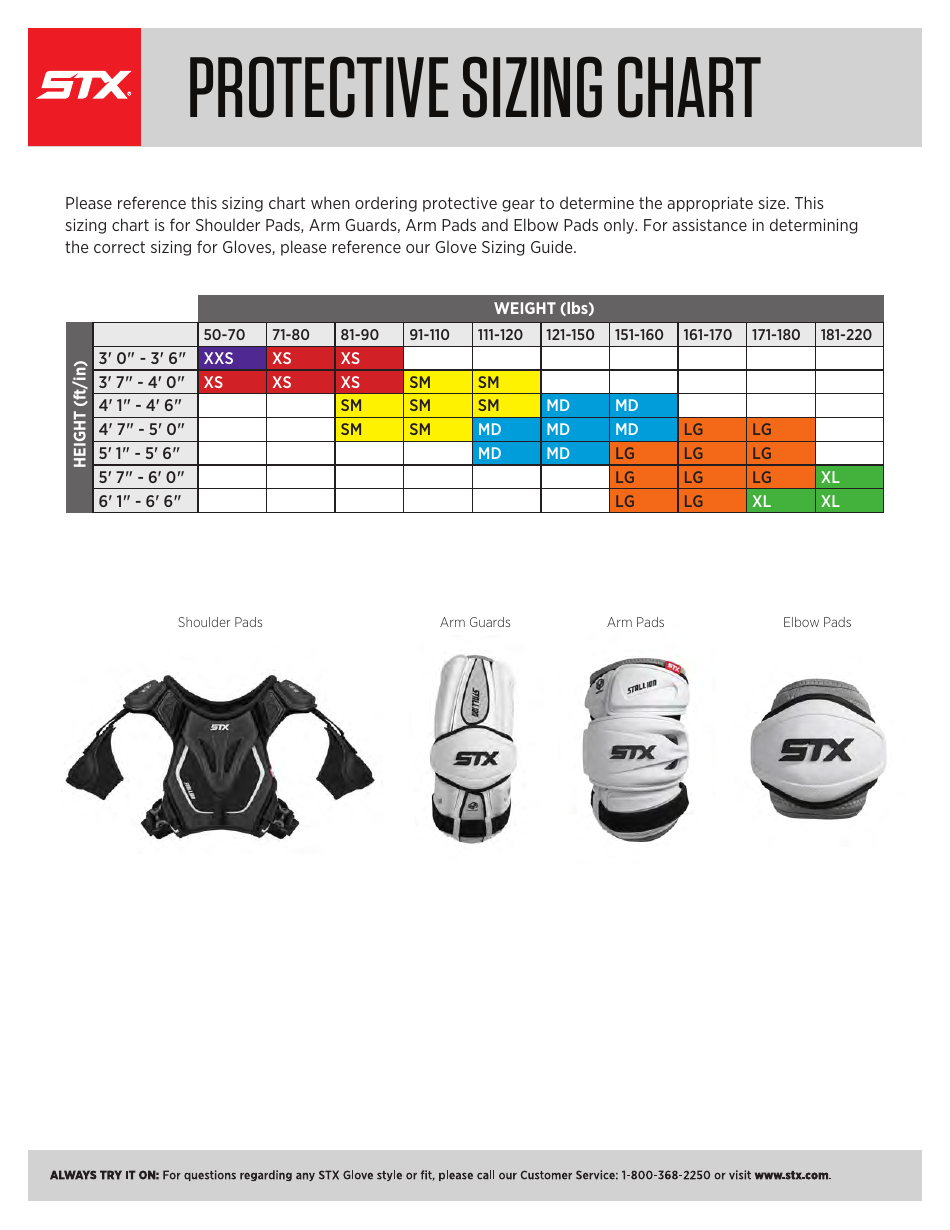 STX Protective Gear Size Chart