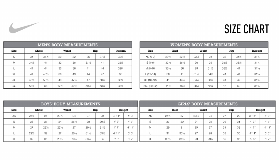 Sportswear Size Chart - Nike Download Printable PDF | Templateroller