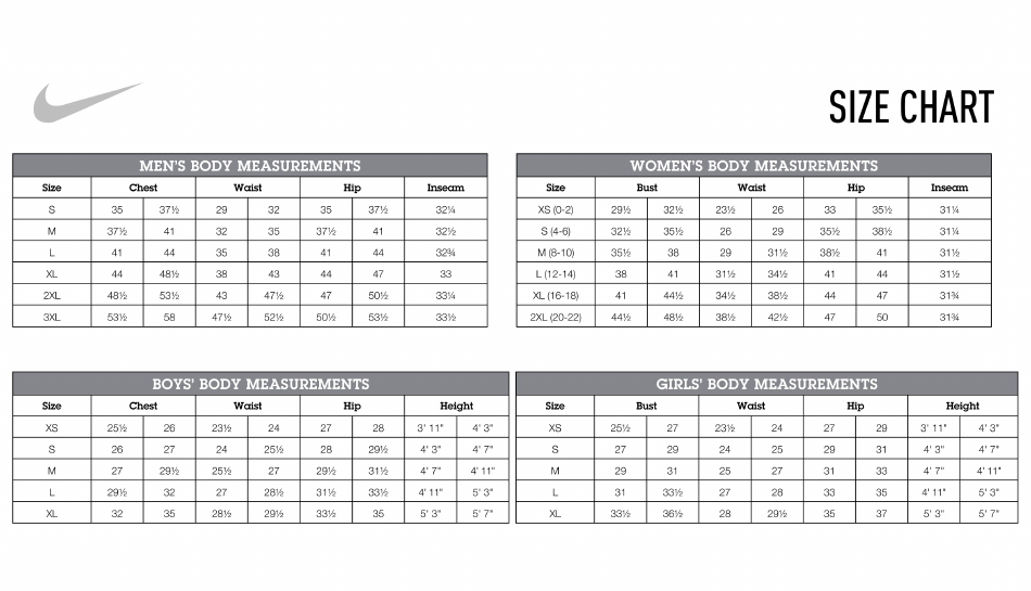 Sportswear Size Chart Nike Download Printable PDF Templateroller