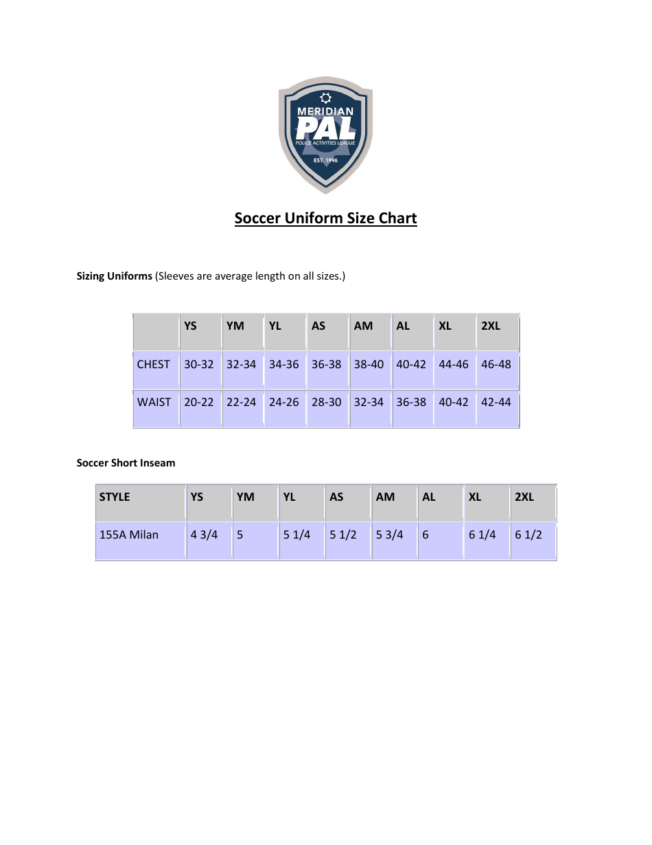 Soccer Uniform Size Chart - Meridian Pal