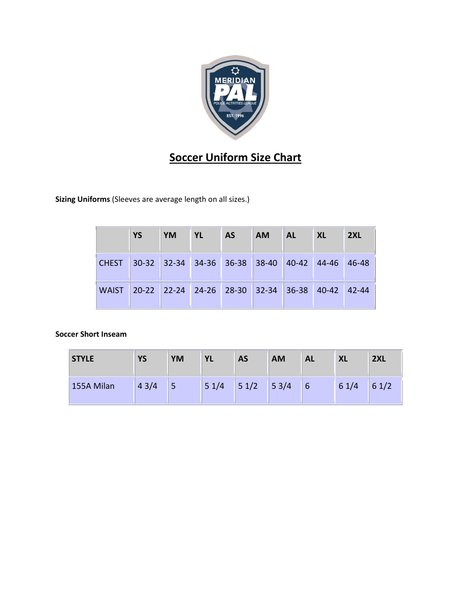 Soccer Uniform Size Chart Meridian Pal Download Printable PDF