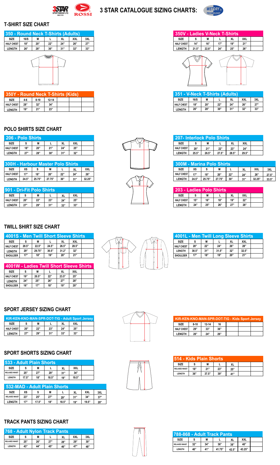 Sportswear Size Chart (3 Star - Blue, Pink, Orange)