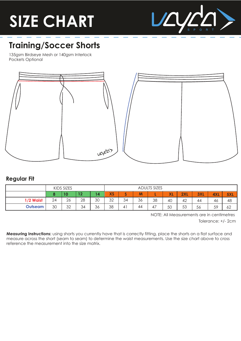Soccer Shorts Size Chart
