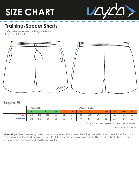 Training/Soccer Shorts Size Chart - Vayda Sports
