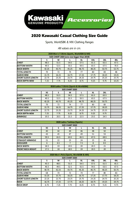 Casual Clothing Size Chart - Kawasaki
