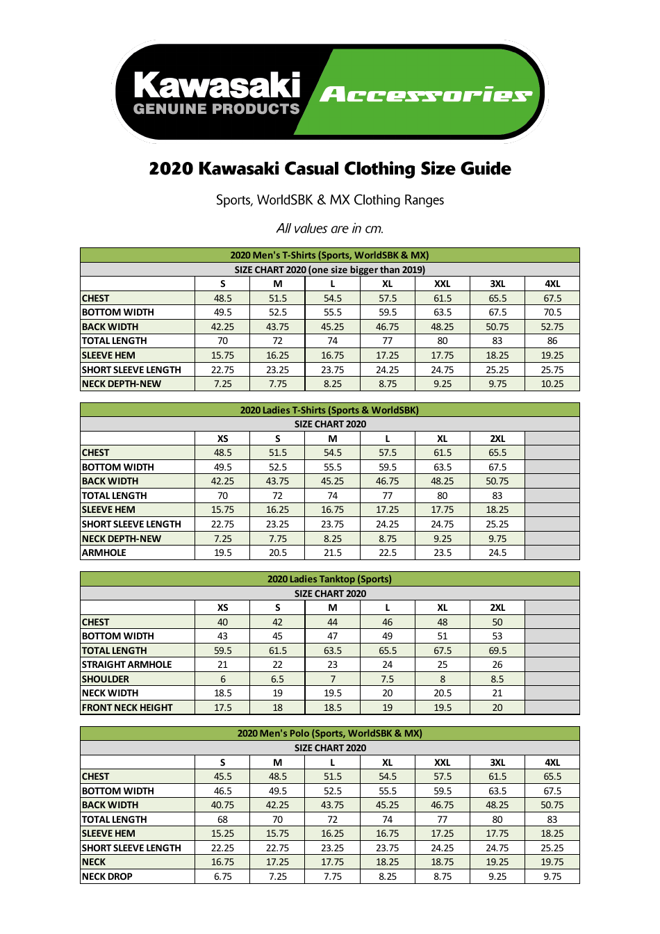 Casual Clothing Size Chart for Kawasaki