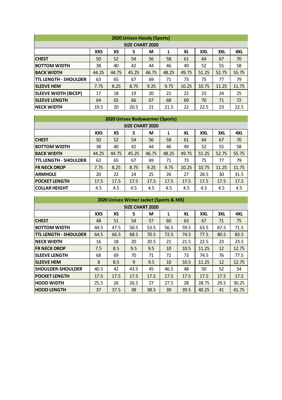 Casual Clothing Size Chart - Kawasaki, Page 3