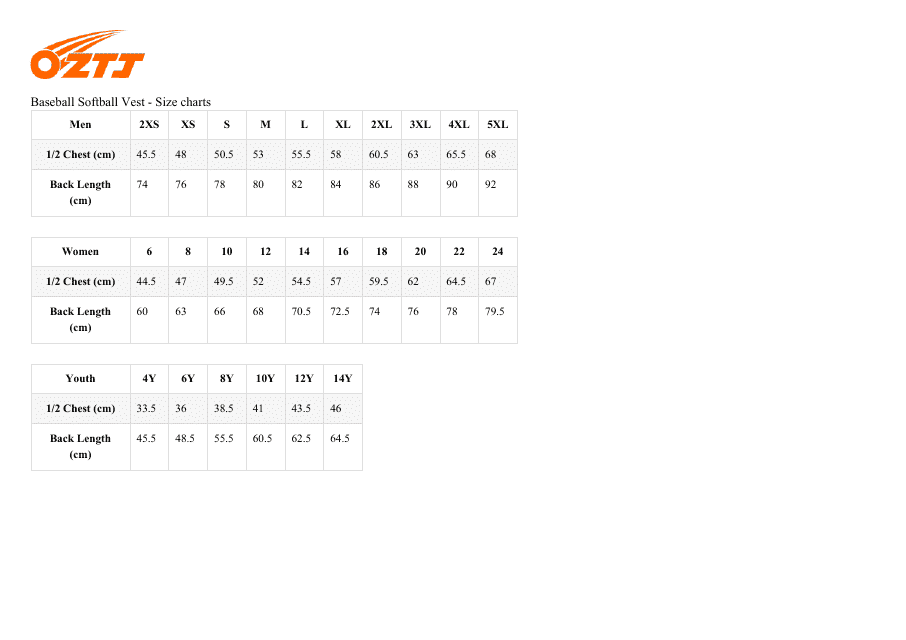 Baseball/Softball Vest Size Chart - Oztj