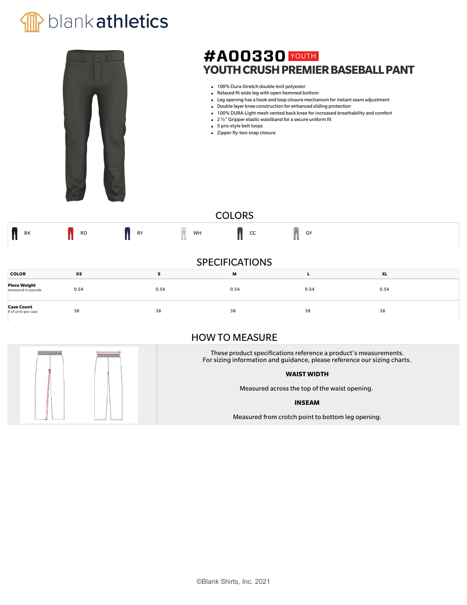 Baseball Pants Size Chart Blank Athletics Download Printable PDF