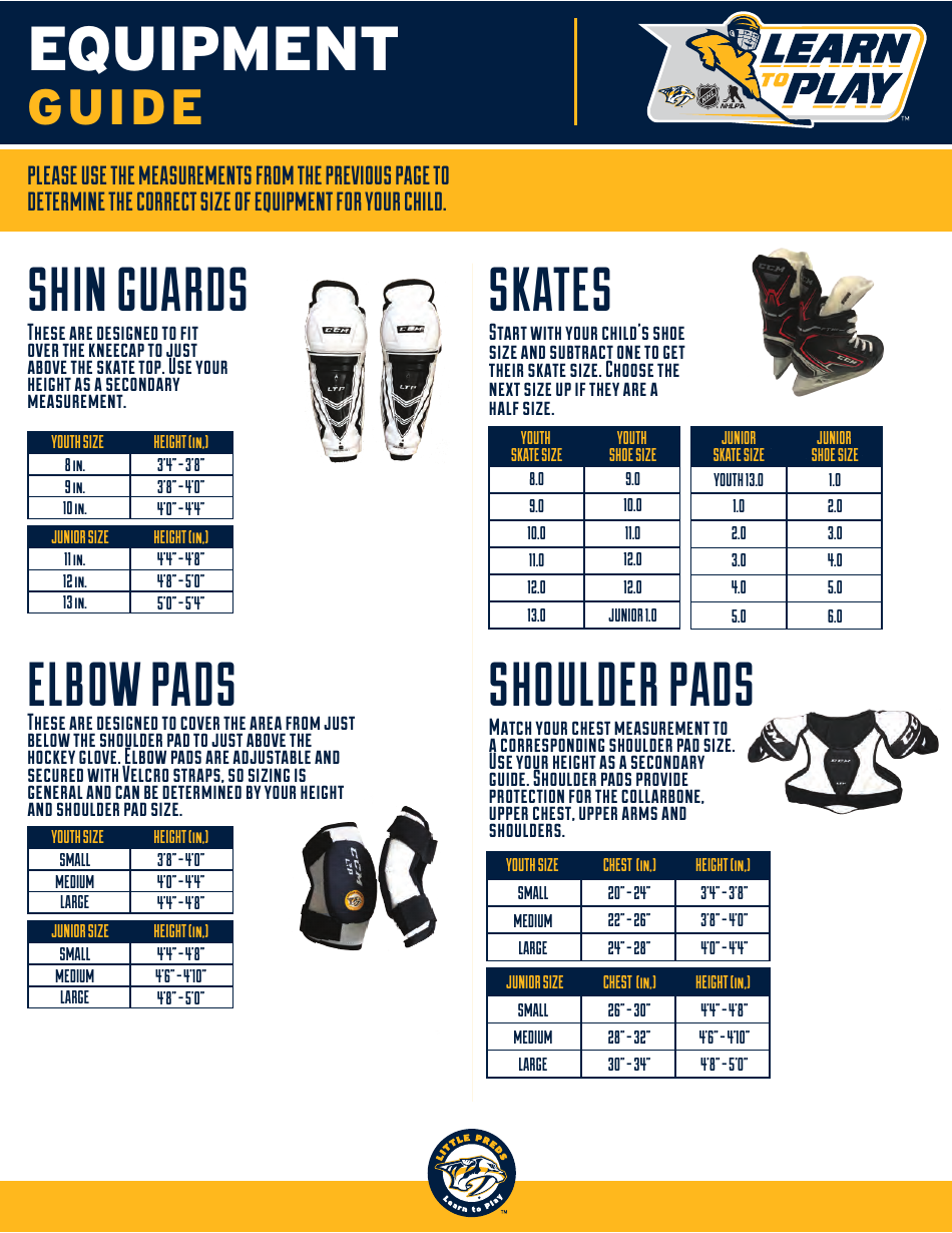 Hockey Equipment Size Chart - Little Preds Download Fillable PDF