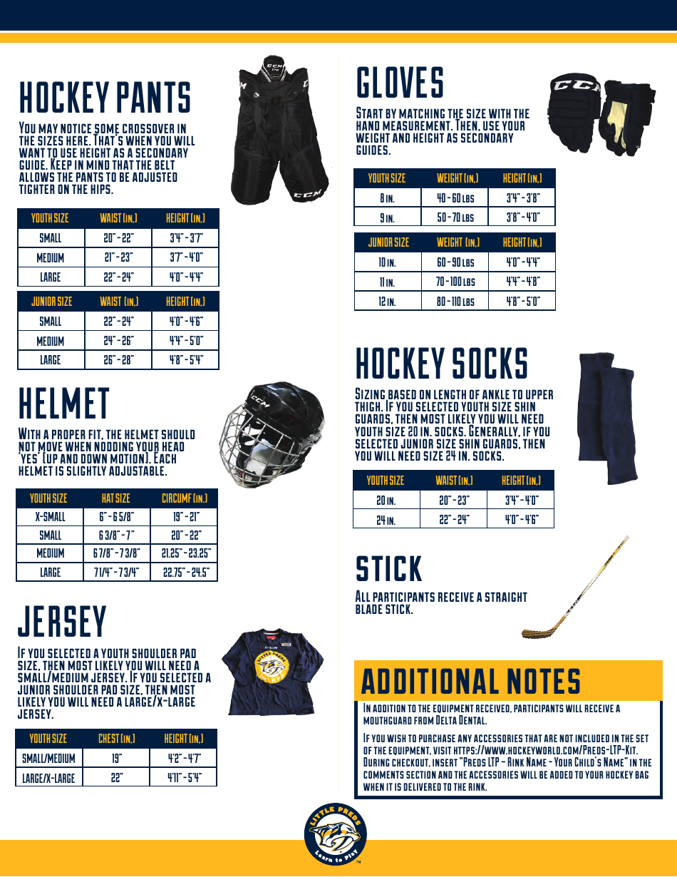 Hockey Equipment Size Chart - Little Preds Download Fillable PDF