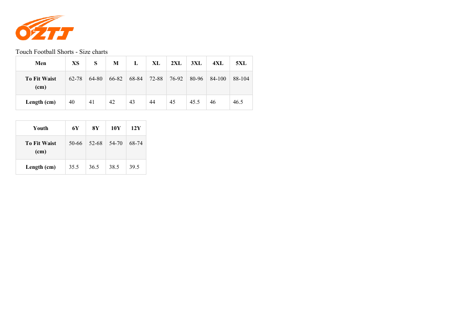 Touch Football Shorts Size Chart Oztj Download Printable PDF
