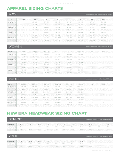 Apparel &amp; Headwear Size Chart - Bauer