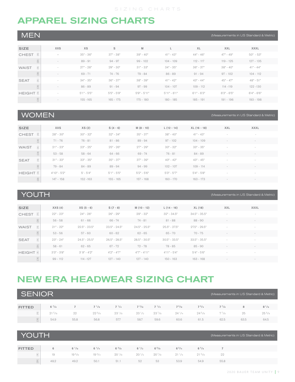 Apparel & Headwear Size Chart by Bauer - Image Preview