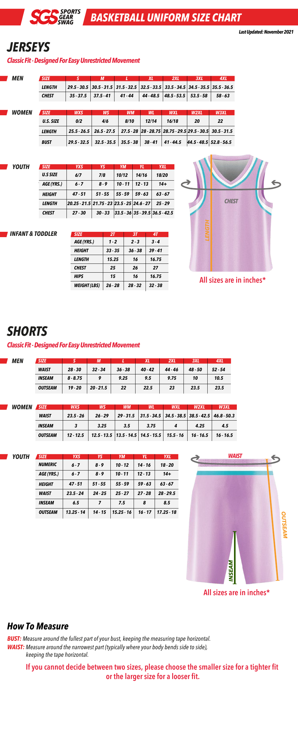 Basketball Uniform Size Chart - Sgs - Men, Women, Youth, Infant and Toddler
