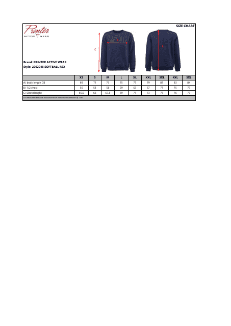 Softball RSX Sweater Size Chart - Help Guide for Printer Active Wear