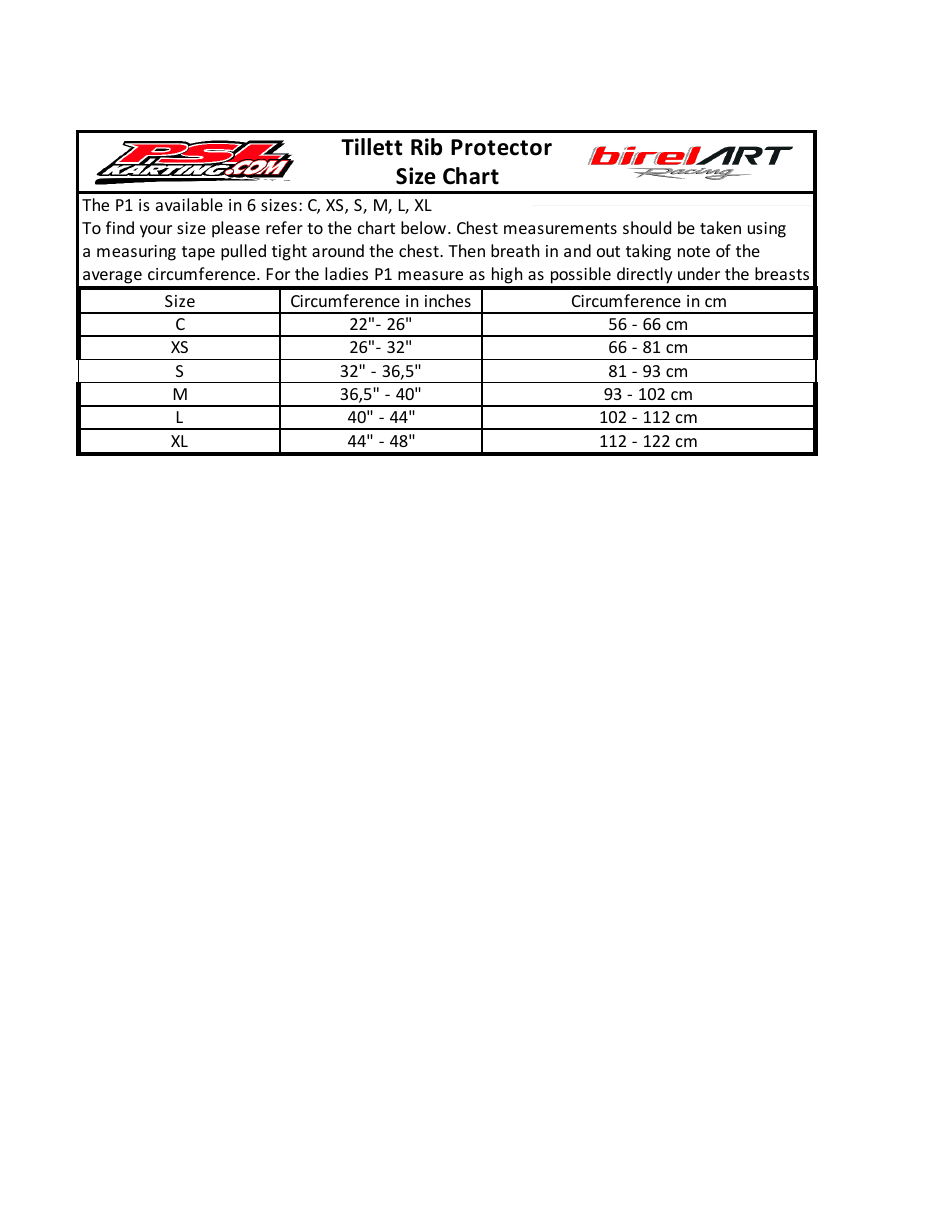 Rib Protector Size Chart - Tillett Download Printable Pdf 