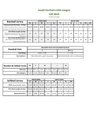 Document preview: Baseball/Softball Uniform Size Chart - South Durham Little League