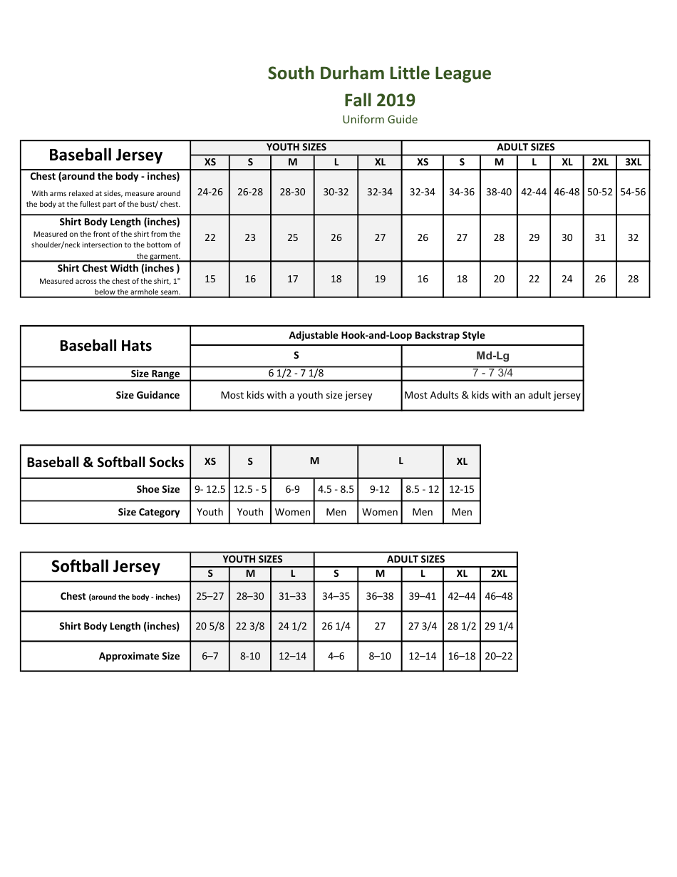 Baseball/Softball Uniform Size Chart South Durham Little League