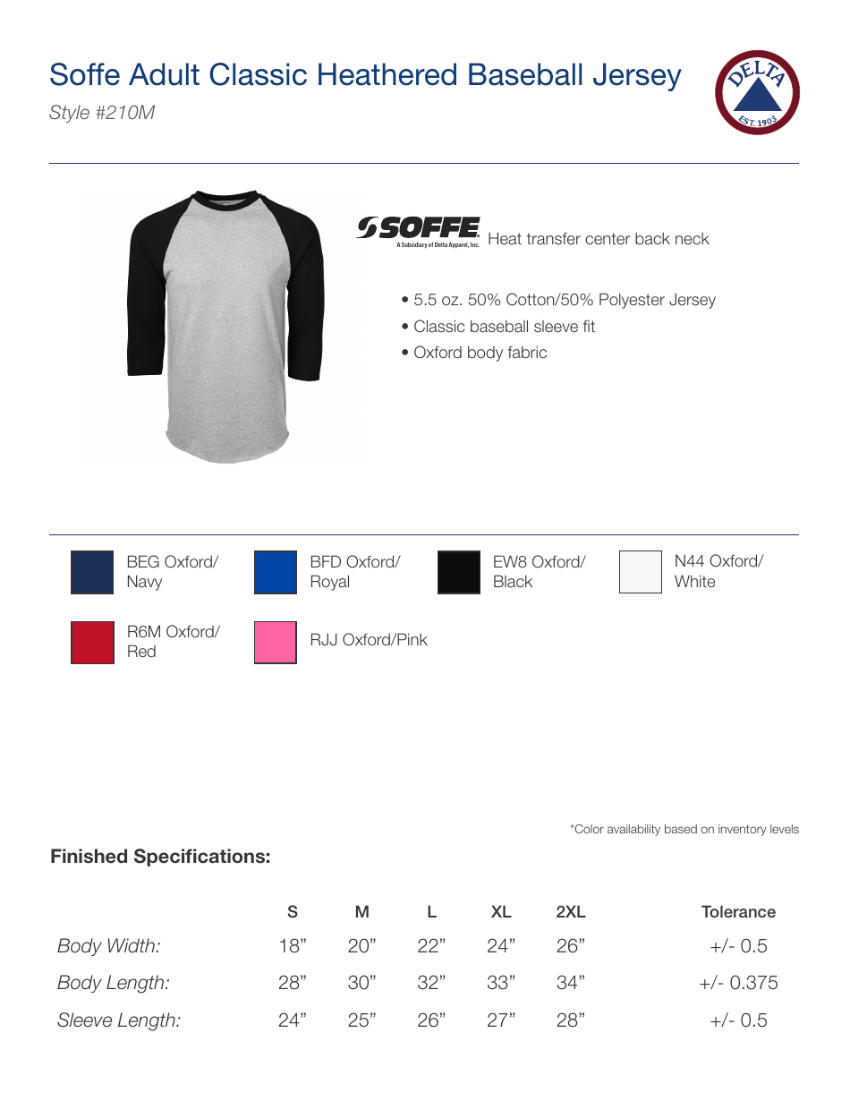 Baseball Jersey Size Chart - Soffe Download Printable PDF | Templateroller