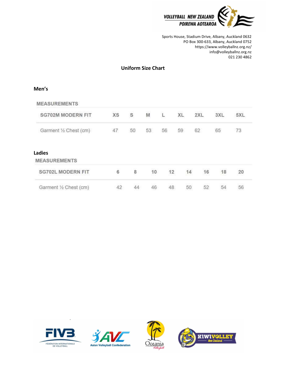 Volleyball Uniform Size Chart Download Printable PDF Templateroller