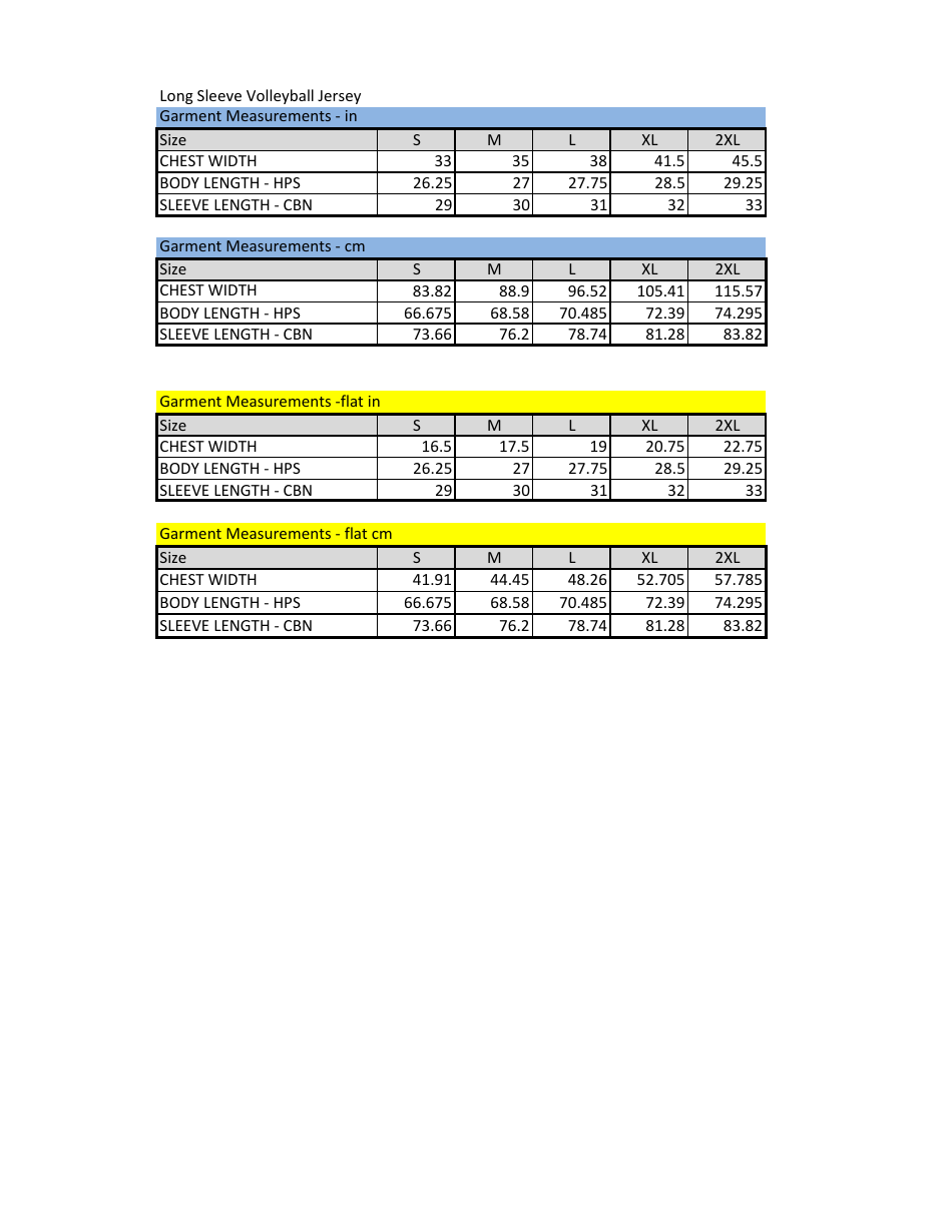 Long Sleeve Volleyball Jersey Size Chart Download Printable PDF Templateroller
