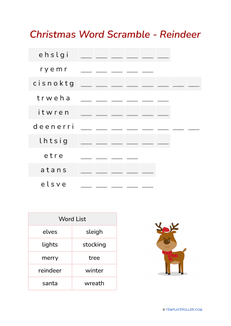 Christmas Word Scramble - Reindeer