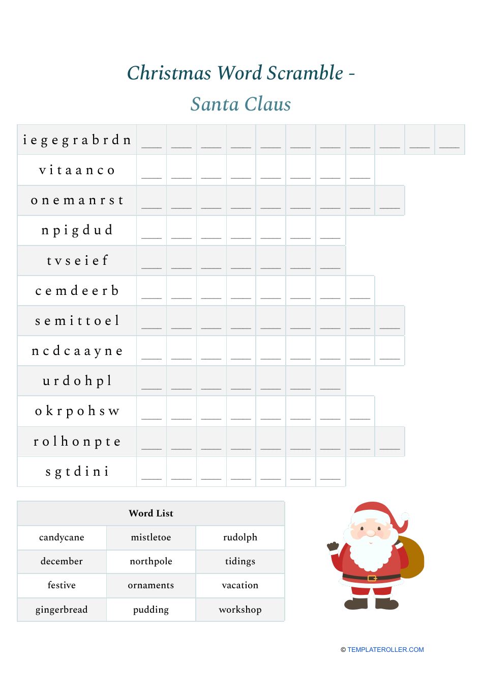 Image preview of Christmas Word Scramble document featuring text "Santa Claus
