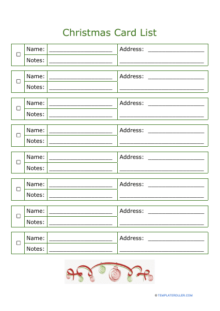 Christmas Card List Template - Green Download Pdf