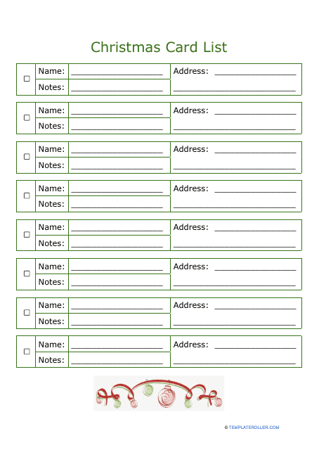 Christmas Card List Template - Green