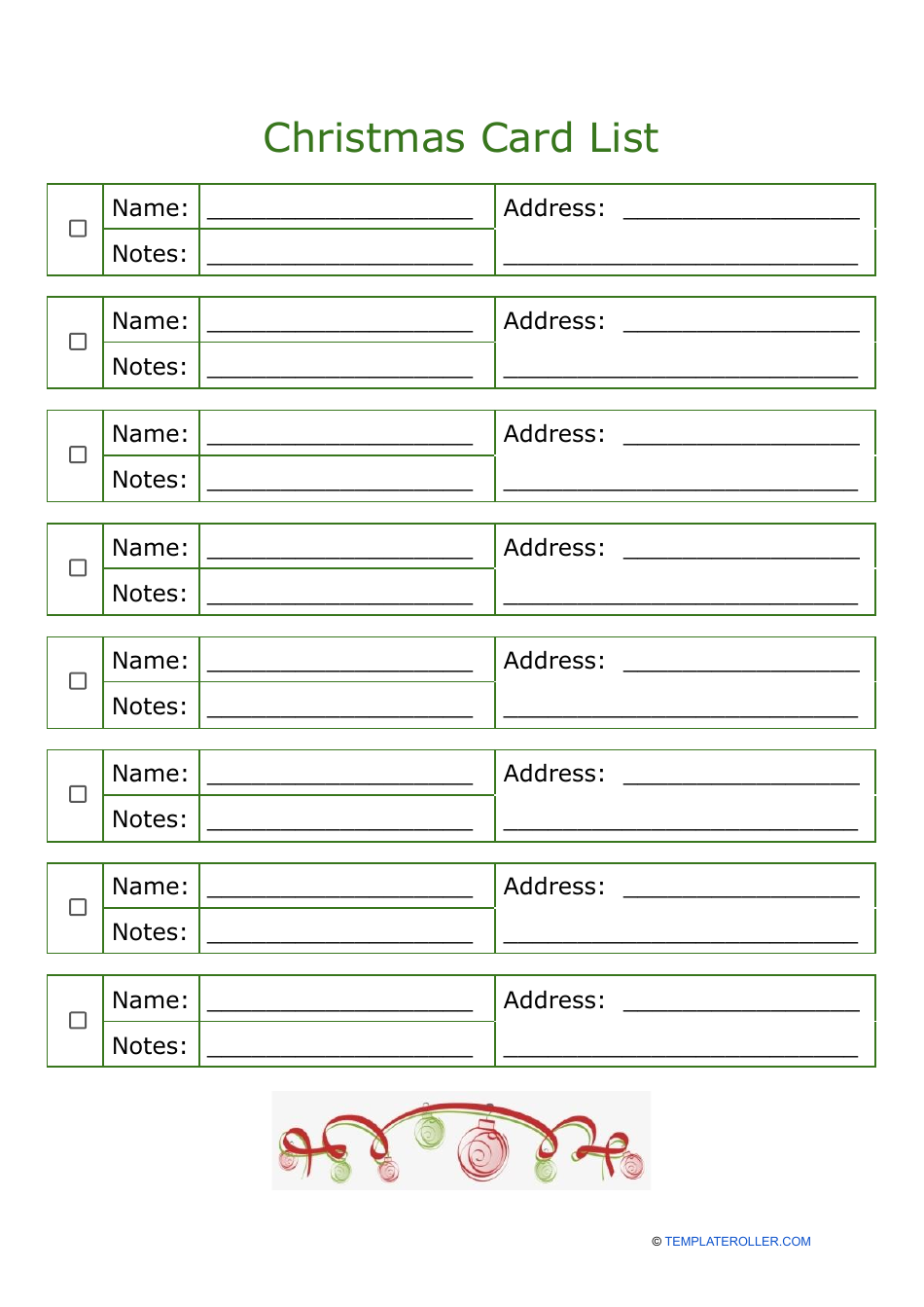 Christmas Card List Template - Green, Page 1