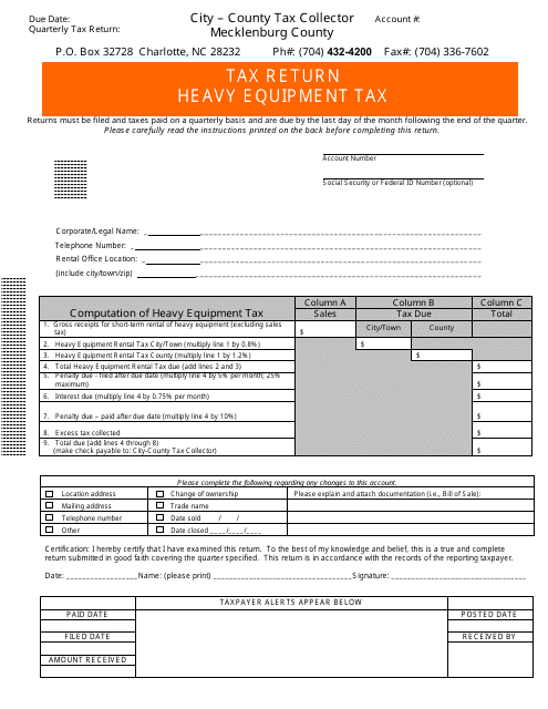 Heavy Equipment Tax Return - Mecklenburg County, North Carolina Download Pdf