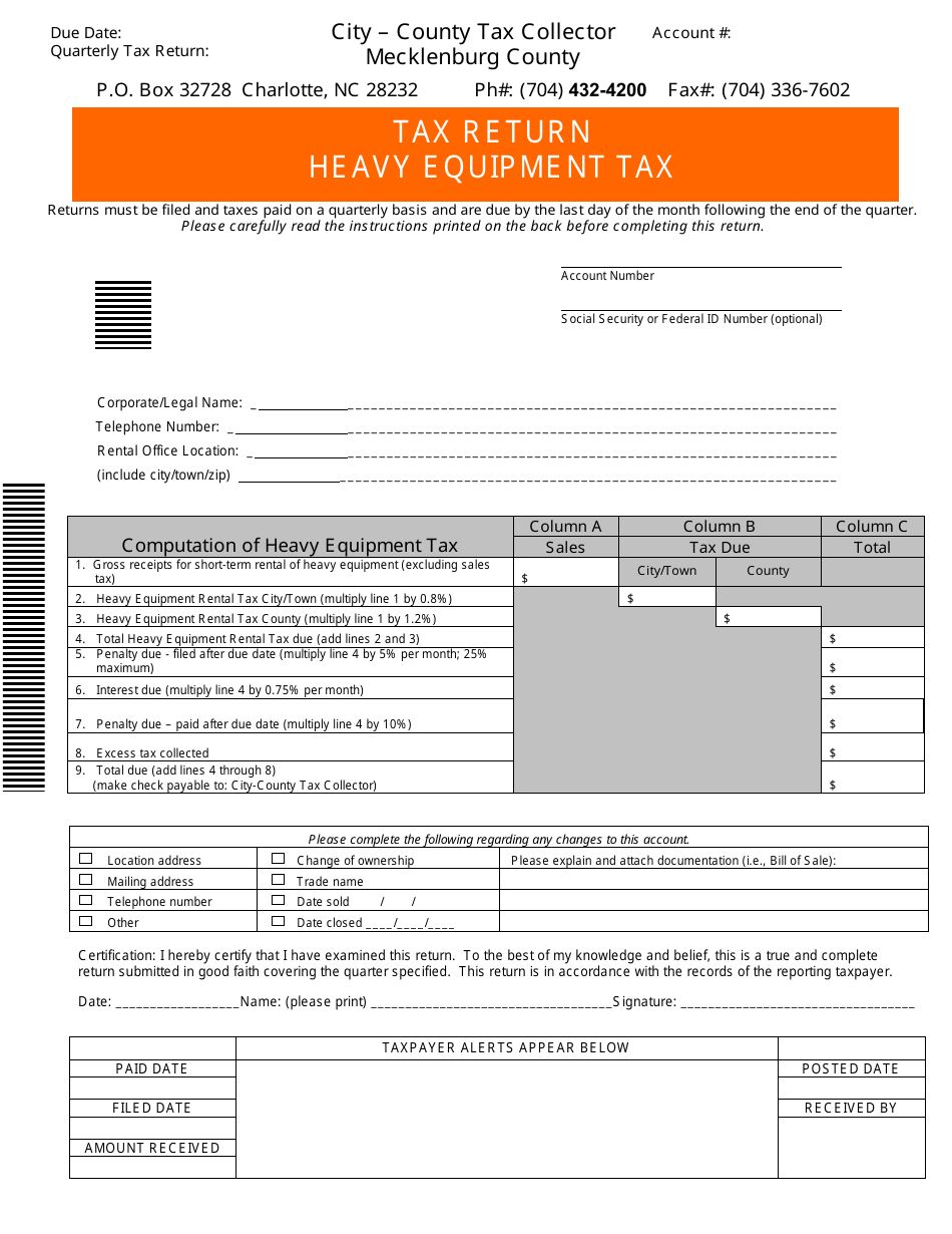 Heavy Equipment Tax Return - Mecklenburg County, North Carolina, Page 1