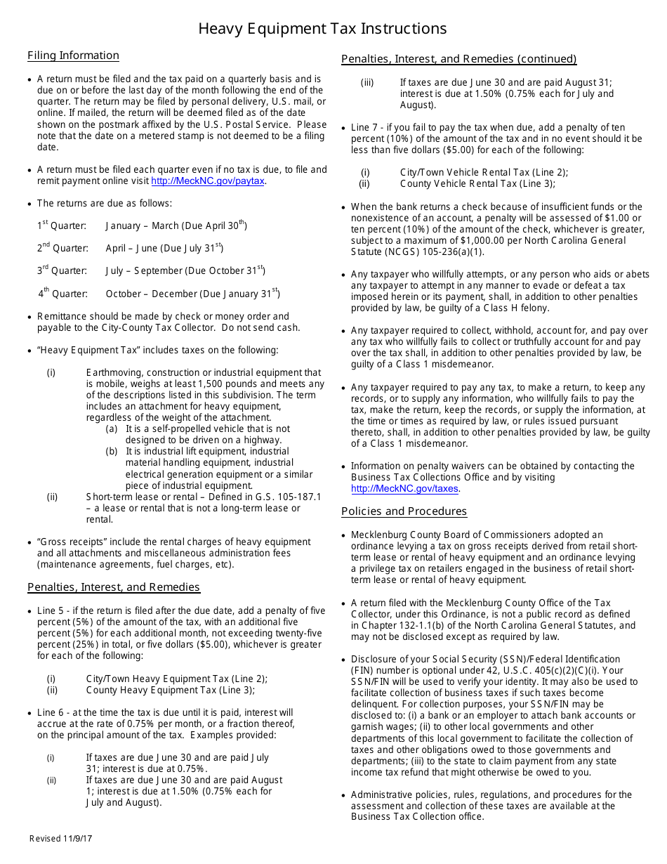 Mecklenburg County, North Carolina Heavy Equipment Tax Return Fill