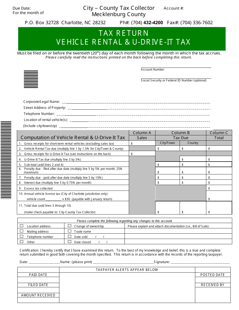 Vehicle Rental  U-Drive-It Tax Return - Mecklenburg County, North Carolina, Page 1