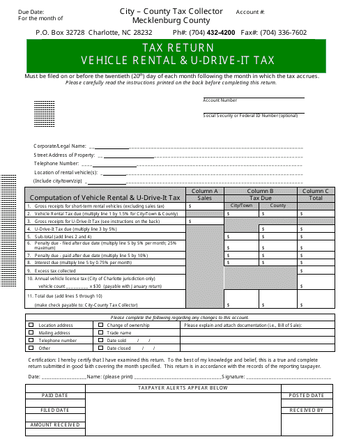 Vehicle Rental & U-Drive-It Tax Return - Mecklenburg County, North Carolina Download Pdf