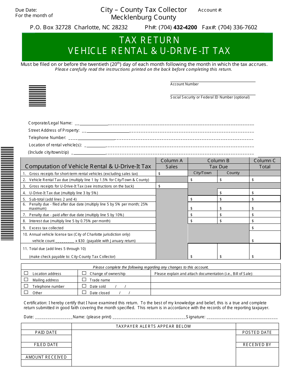 Mecklenburg County, North Carolina Vehicle Rental & UDriveIt Tax Return Fill Out, Sign