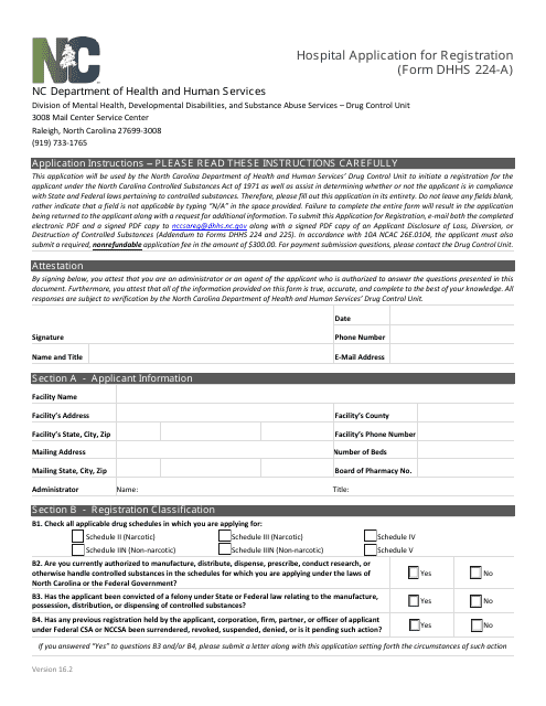 Form DHHS224-A Hospital Application for Registration - North Carolina