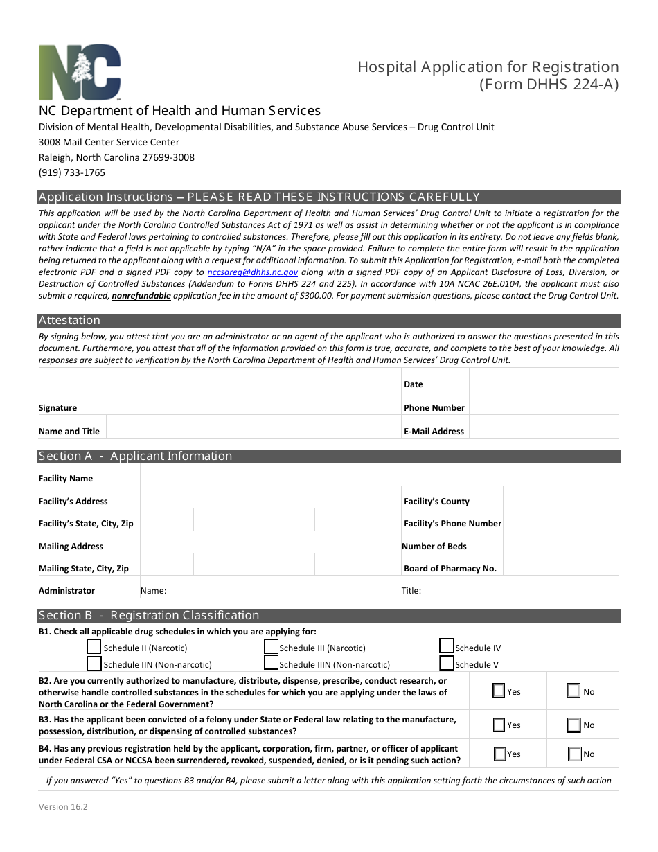 Form DHHS224-A Hospital Application for Registration - North Carolina, Page 1