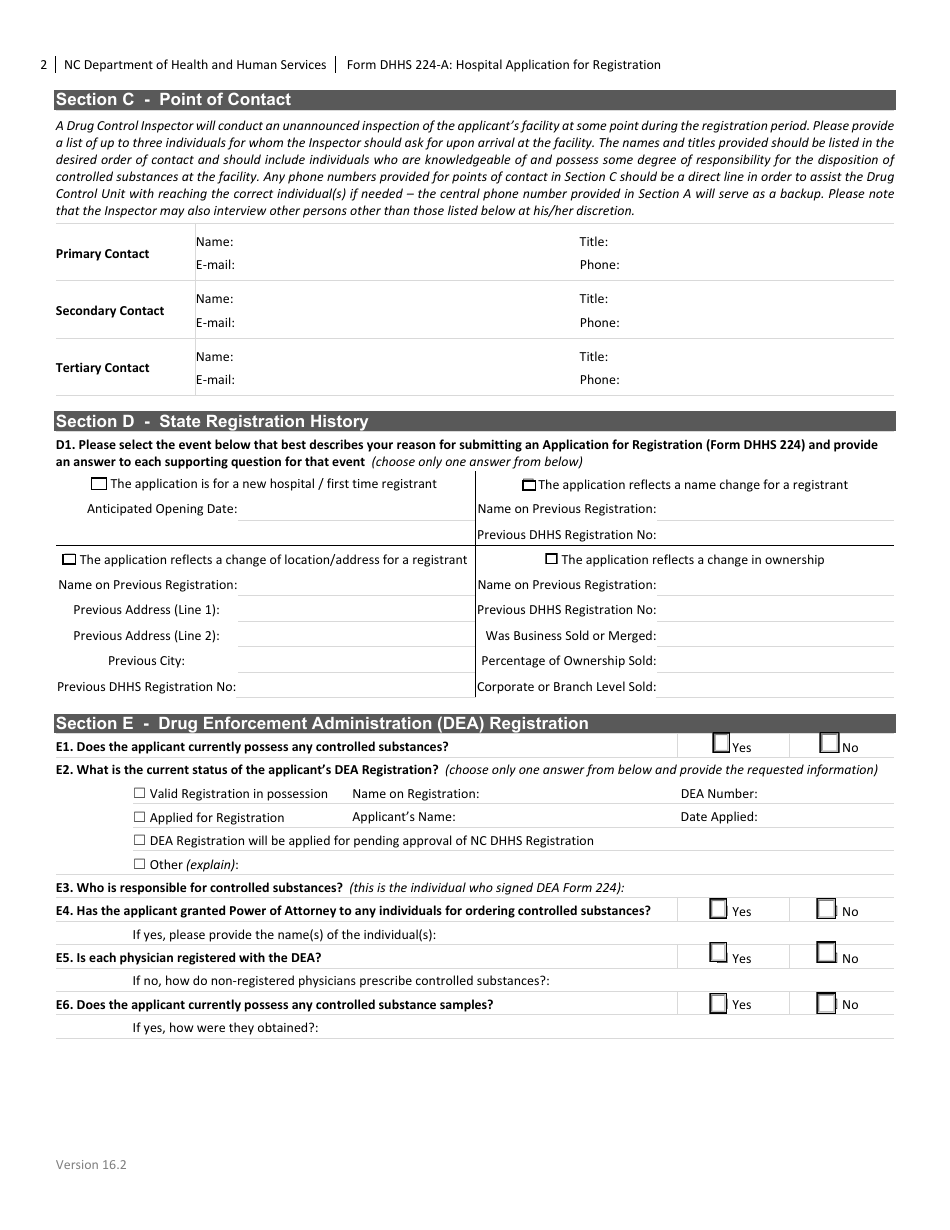 Form DHHS224-A Hospital Application for Registration - North Carolina, Page 2