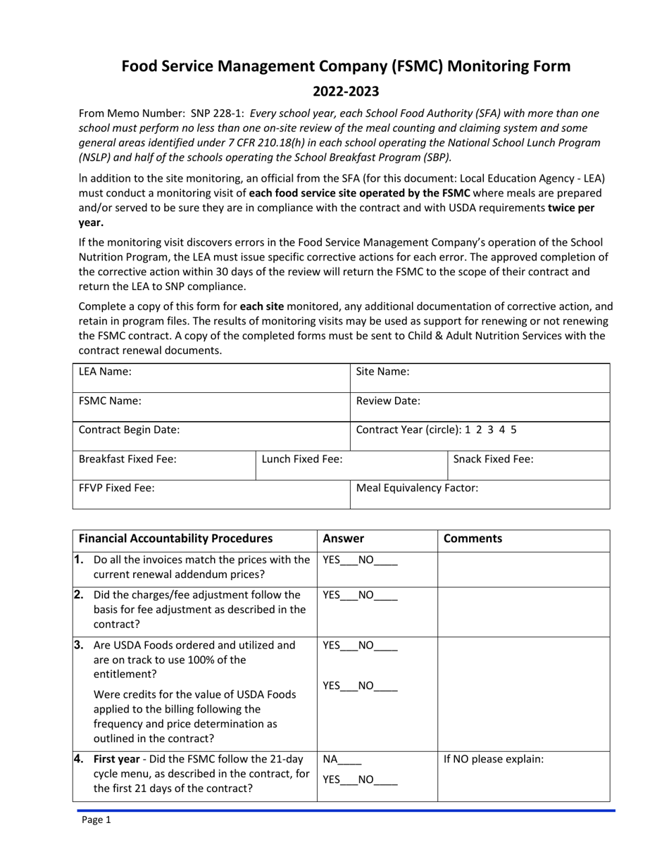 Food Service Management Company (Fsmc) Monitoring Form - South Dakota, Page 1