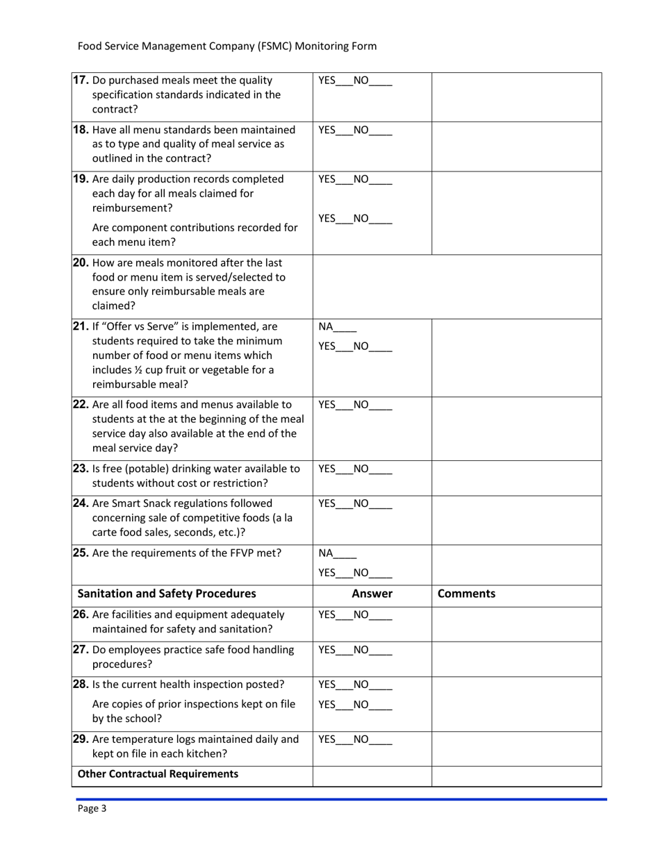 Food Service Management Company (Fsmc) Monitoring Form - South Dakota, Page 3