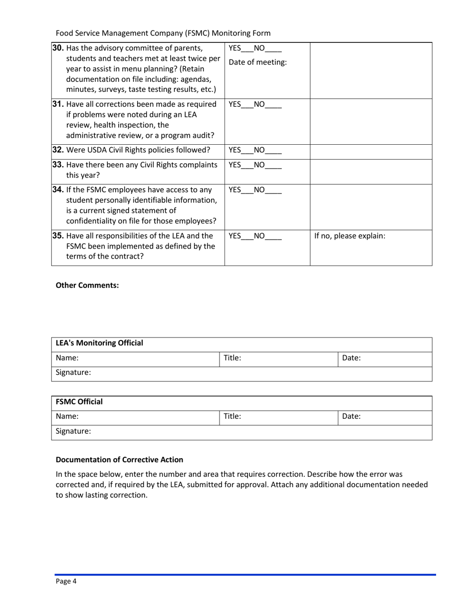 Food Service Management Company (Fsmc) Monitoring Form - South Dakota, Page 4
