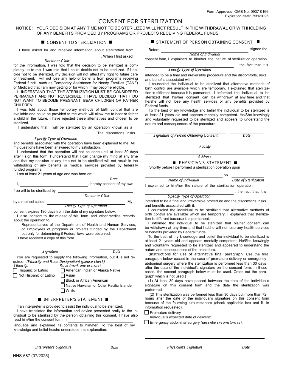 Form HHS-687 Consent for Sterilization, Page 1