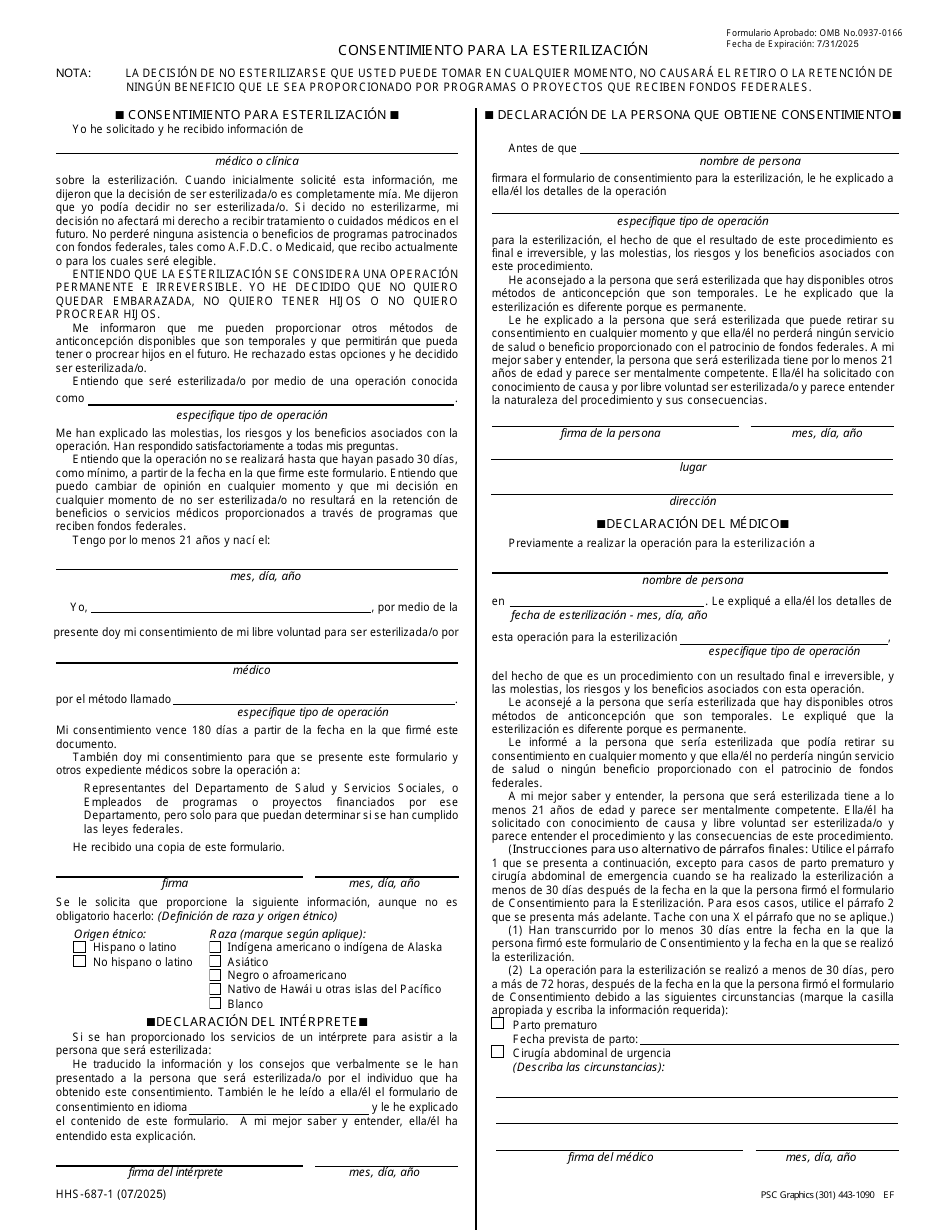 Formulario HHS-687-1 Consentimiento Para La Esterilizacion (Spanish), Page 1