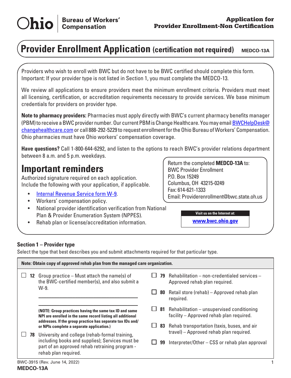 Form MEDCO-13A (BWC-3915) Application for Provider Enrollment-Non Certification - Ohio, Page 1