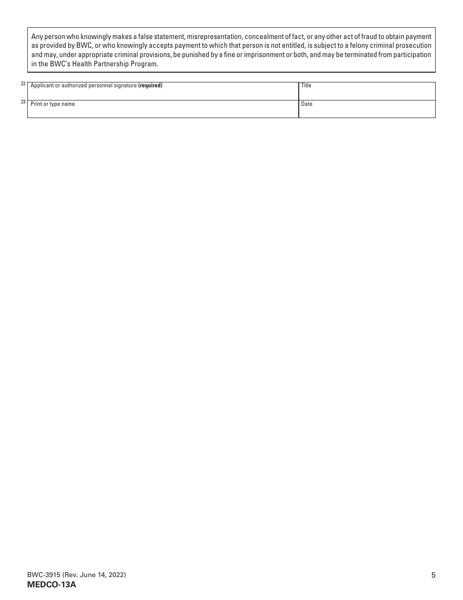 Form MEDCO-13A (BWC-3915) Application for Provider Enrollment-Non Certification - Ohio, Page 5