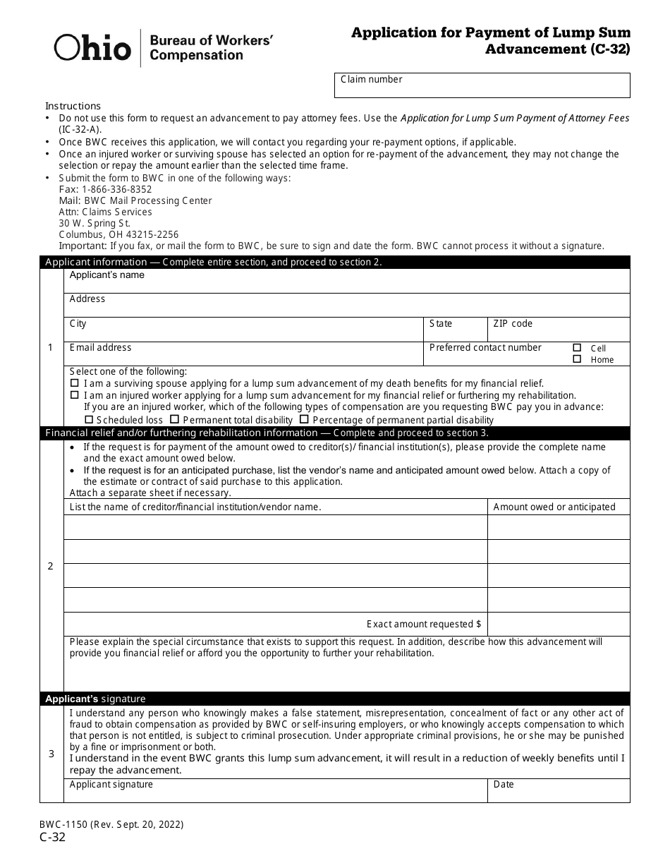 Form C-32 (BWC-1150) Application for Payment of Lump Sum Advancement - Ohio, Page 1