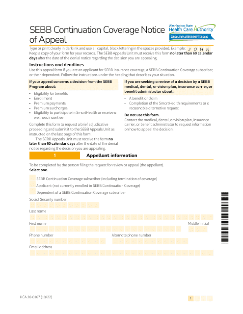 Form HCA20-0167  Printable Pdf