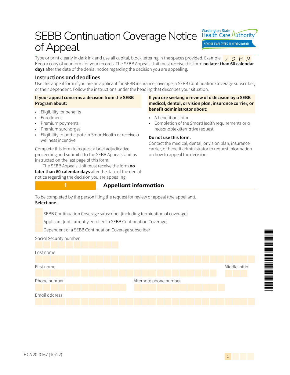 Form HCA20-0167 Sebb Continuation Coverage Notice of Appeal - Washington, Page 1